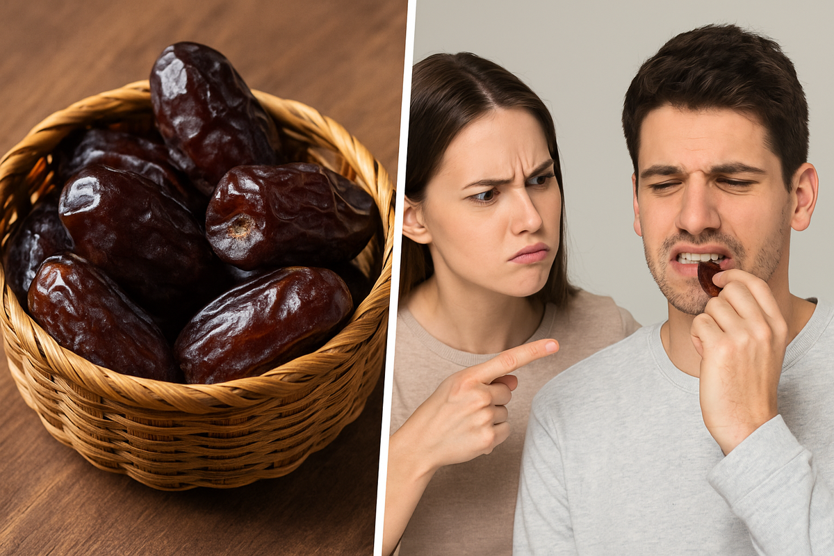 Спелые финики в плетёной корзинке и девушка строго корит парня, который с недовольным видом жуёт финик.
