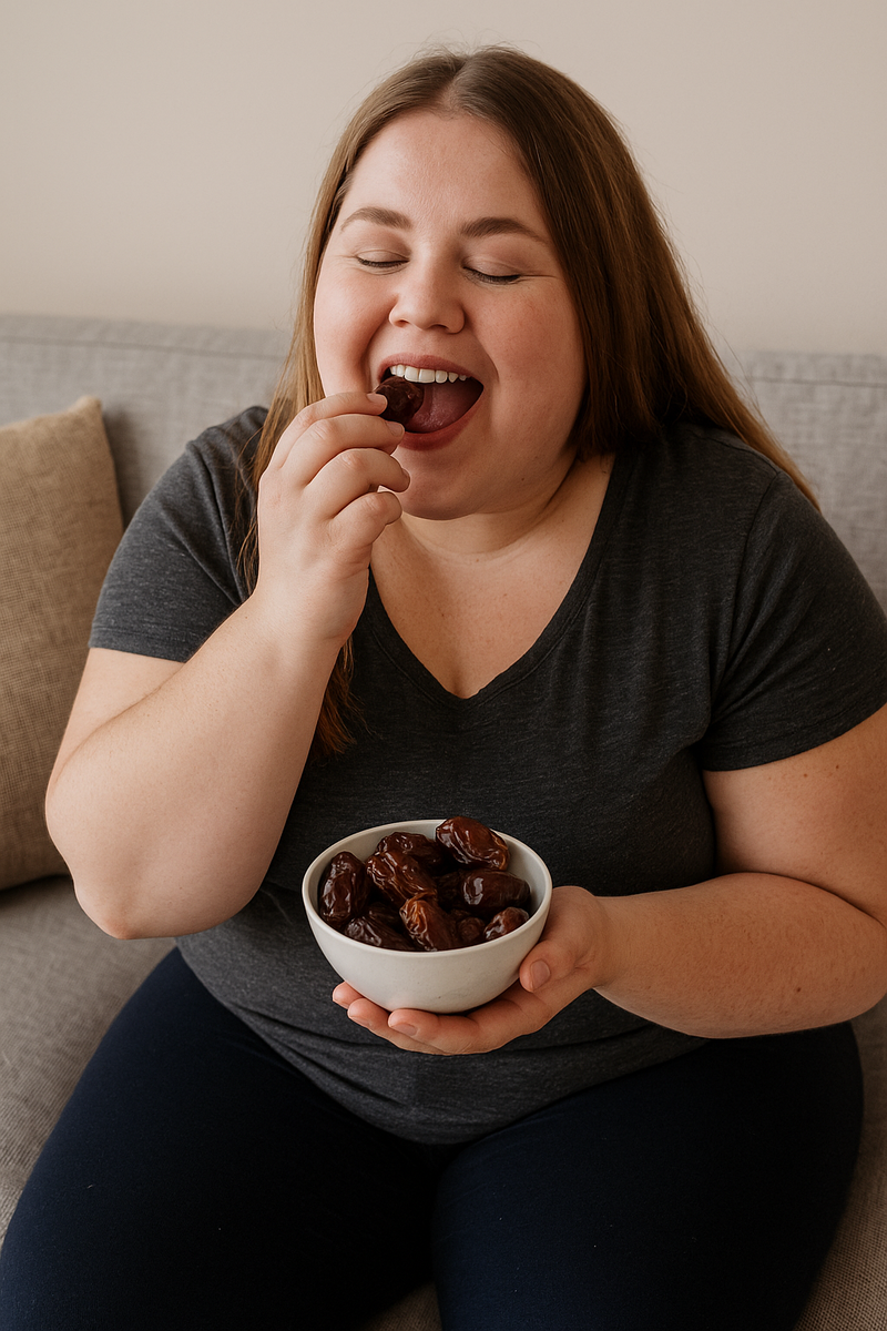 Полная девушка с аппетитом ест финики, сидя на диване и держа миску с фруктами.
