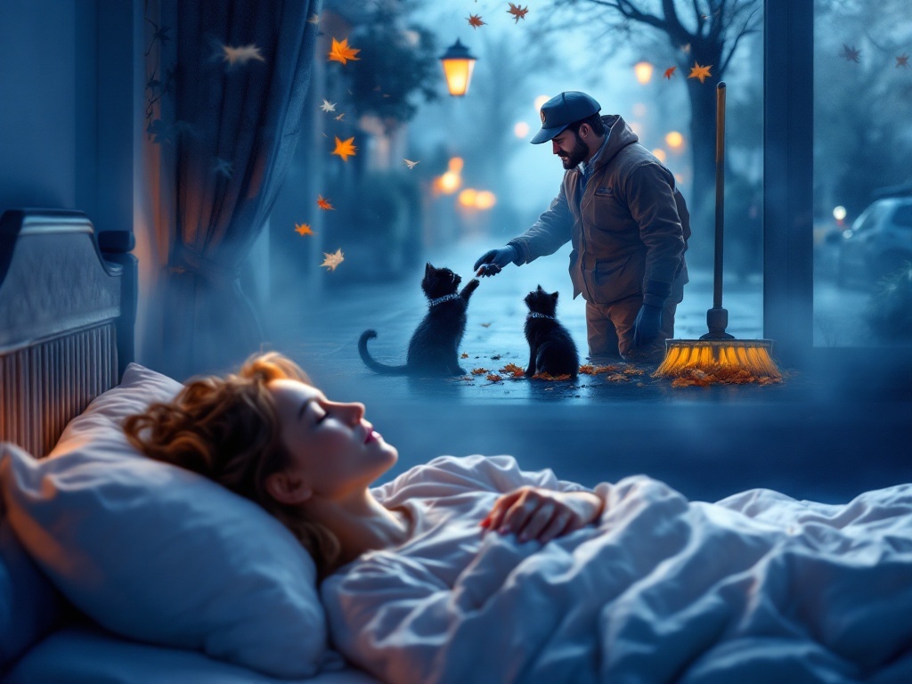    К чему такое снится: На картине изобразил бы улицу, где бывший муж в форме дворника протягивает женщине маленького черного котенка с блестящим ошейником. Женщина смотрит на котенка с уди