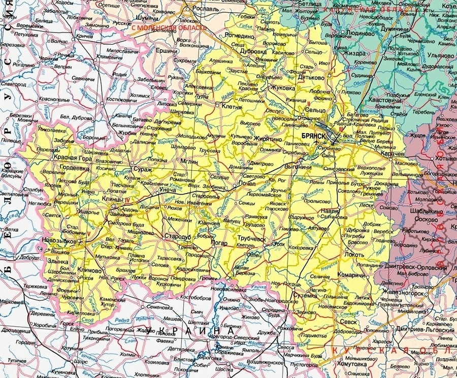 Вот подробная карта Брянской области. Если присмотреться, то на ней можно увидеть небольшой регион не граничащий с остальной Россией.