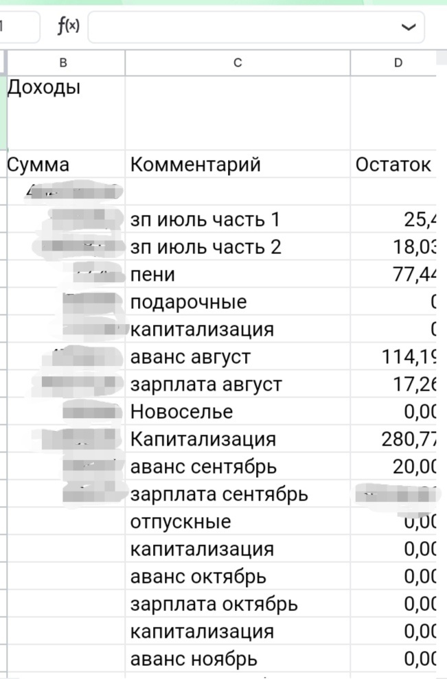 На первом листе слева дата, приход, комментарий и остаток по итогу распределения. Как видите, я расчитала все доходы до конца года 😁