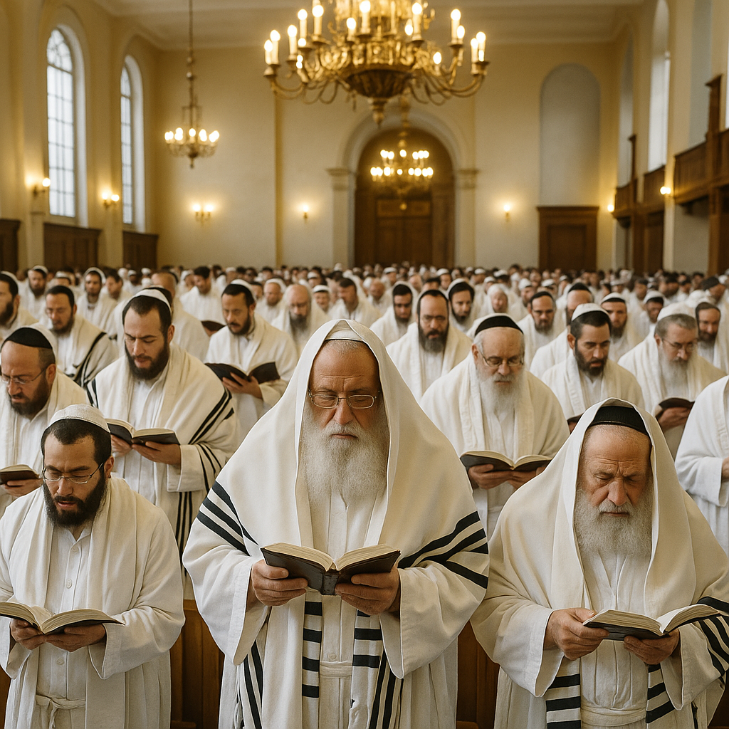 Синагога в Йом Кипур, мужчины в талитах (молитвенных покрывалах)