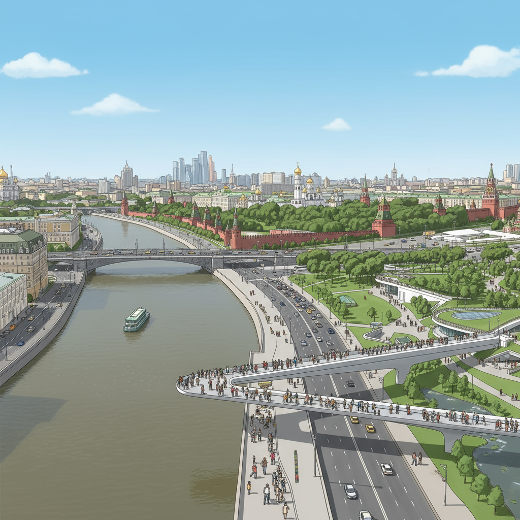 Парк «Зарядье» примечателен уникальной архитектурой и расположением в самом центре Москвы, рядом с Кремлём, с которого открываются захватывающие виды