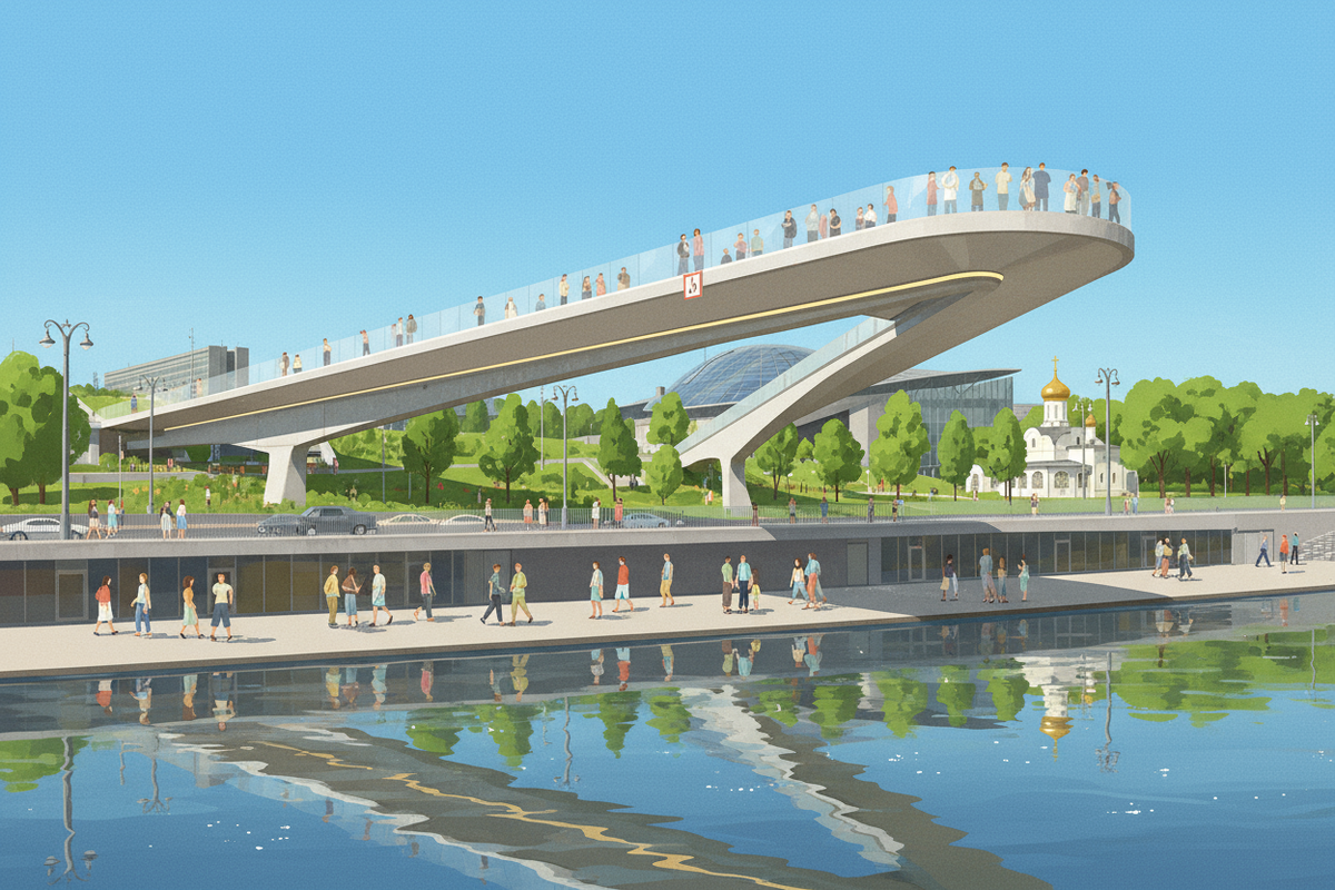 Парящий мост в парке «Зарядье» примечателен своей уникальной архитектурой, отсутствием опор и консольной конструкцией, которая визуально создает эффект парения над Москвой-рекой