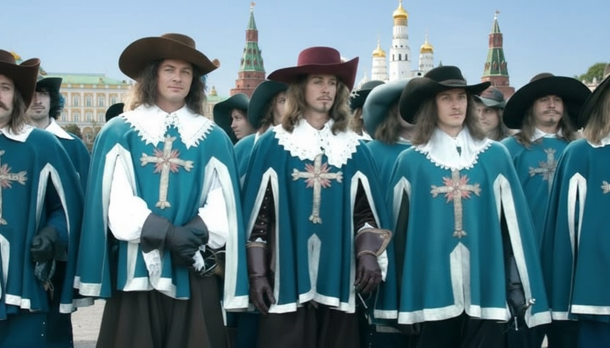 Изображение мушкетеров на фоне Московского Кремля