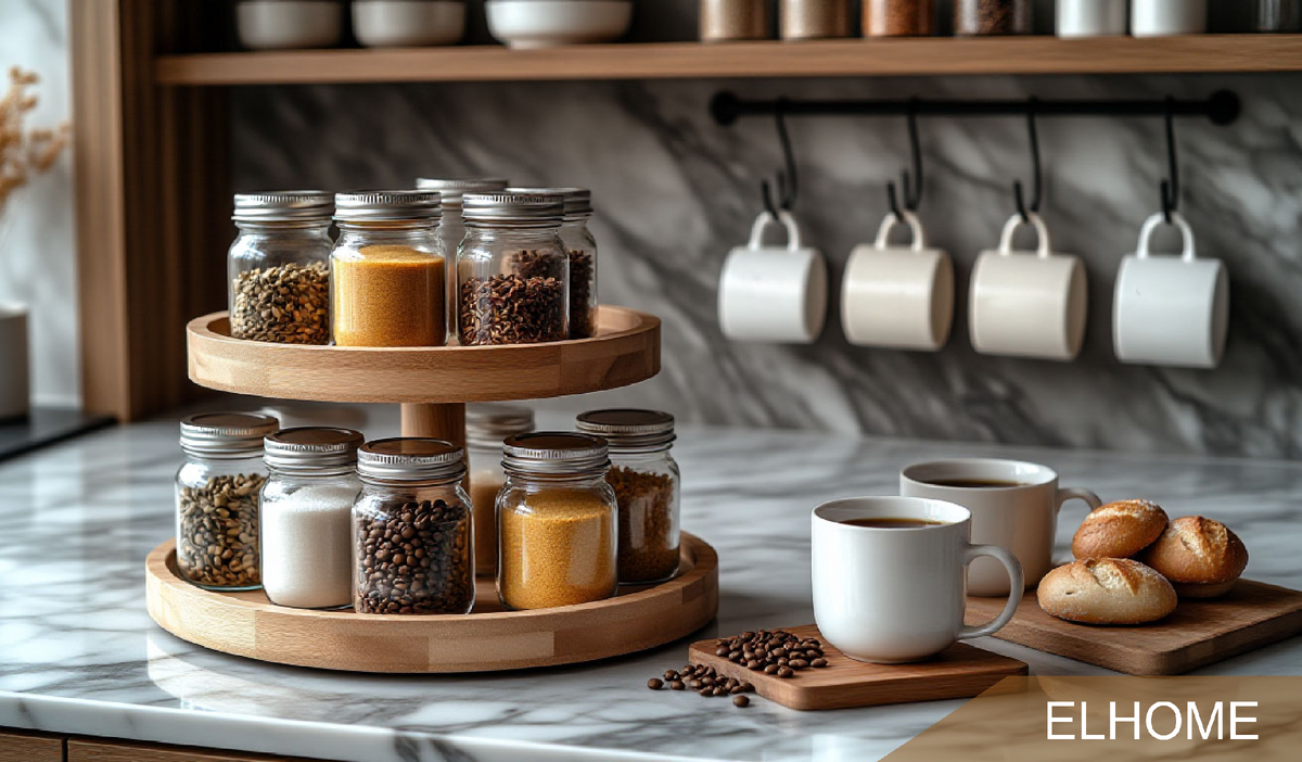 Порядок — основа уюта. Выделите отдельную полку, используйте вращающиеся органайзеры и прозрачные баночки, чтобы все было под рукой и радовало глаз.