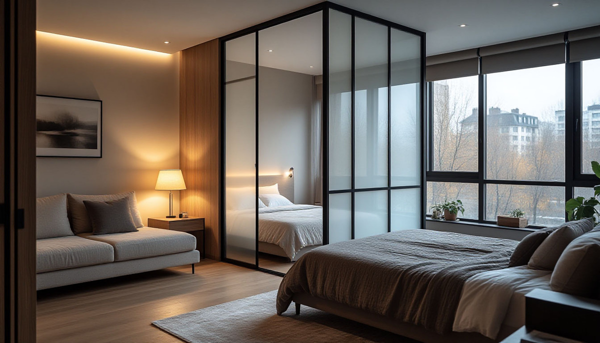 Стеклянные перегородки — идеальный способ зонирования без потери света и простора. Они создают четкие границы, но не утяжеляют интерьер, идеально подходят для малогабаритных квартир.