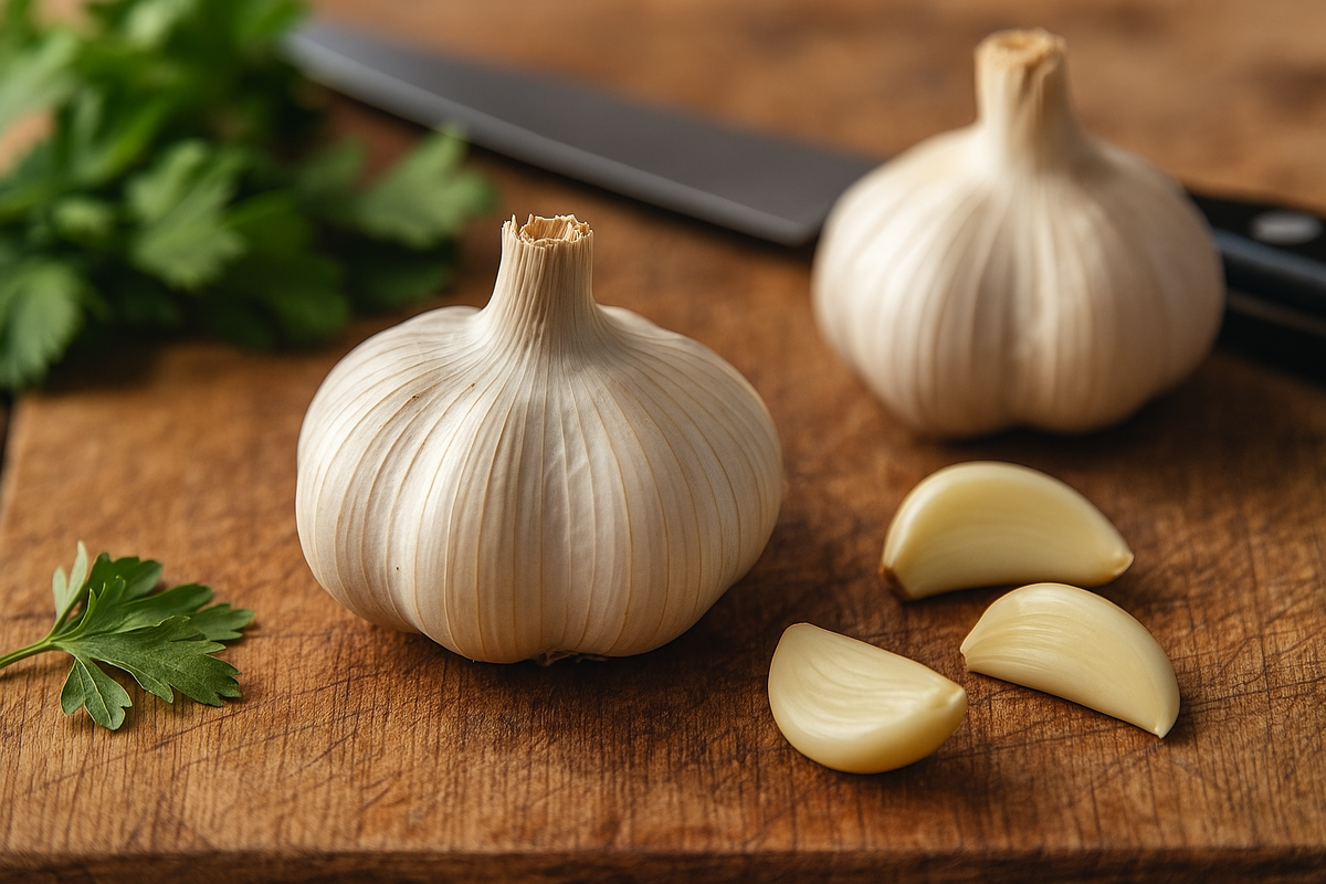 Свежий чеснок на кухонной доске — символ здоровья и народной медицины