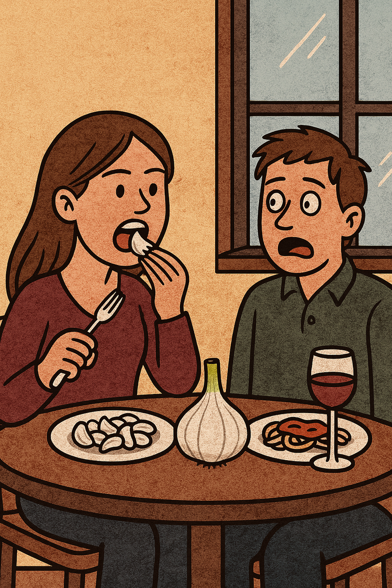 Девушка сидит в кафе, жуёт чеснок перед свиданием, а парень с ужасом смотрит на неё.