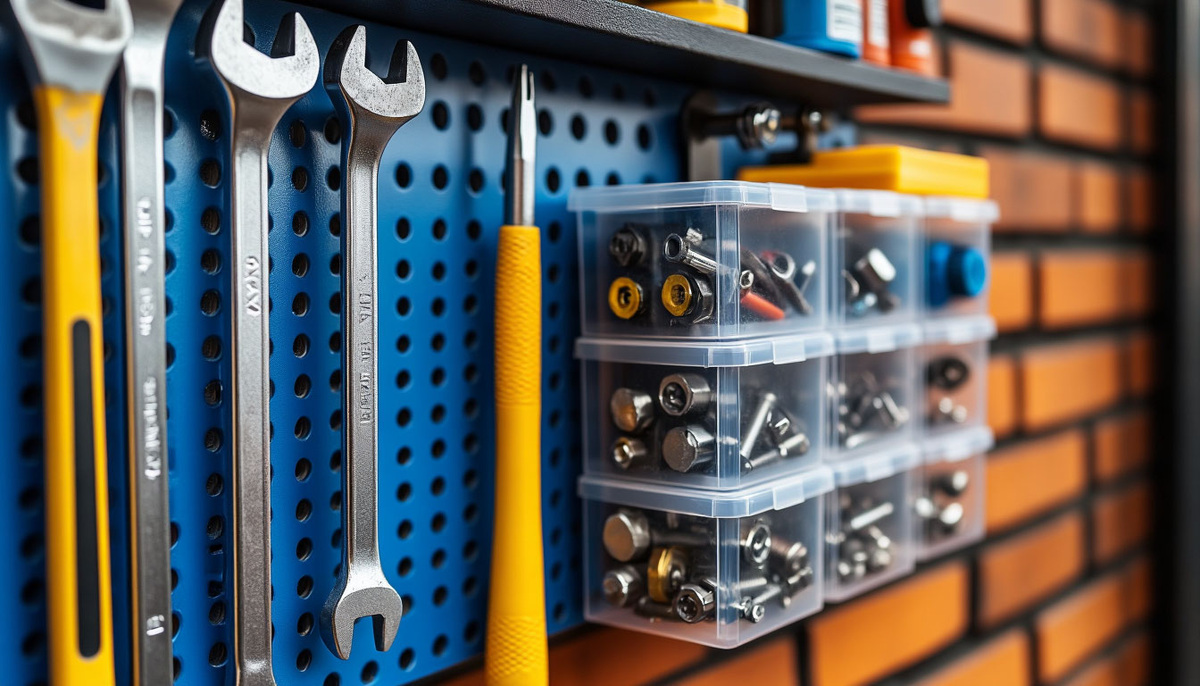 Перфорированная панель и прозрачные контейнеры — основа порядка в гараже. Больше не нужно тратить время на поиски: все инструменты и детали видны и легко доступны.