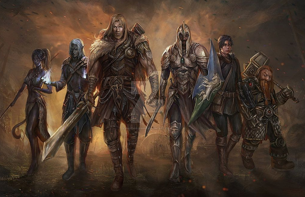 группа авантюристов с разным оружием и магией