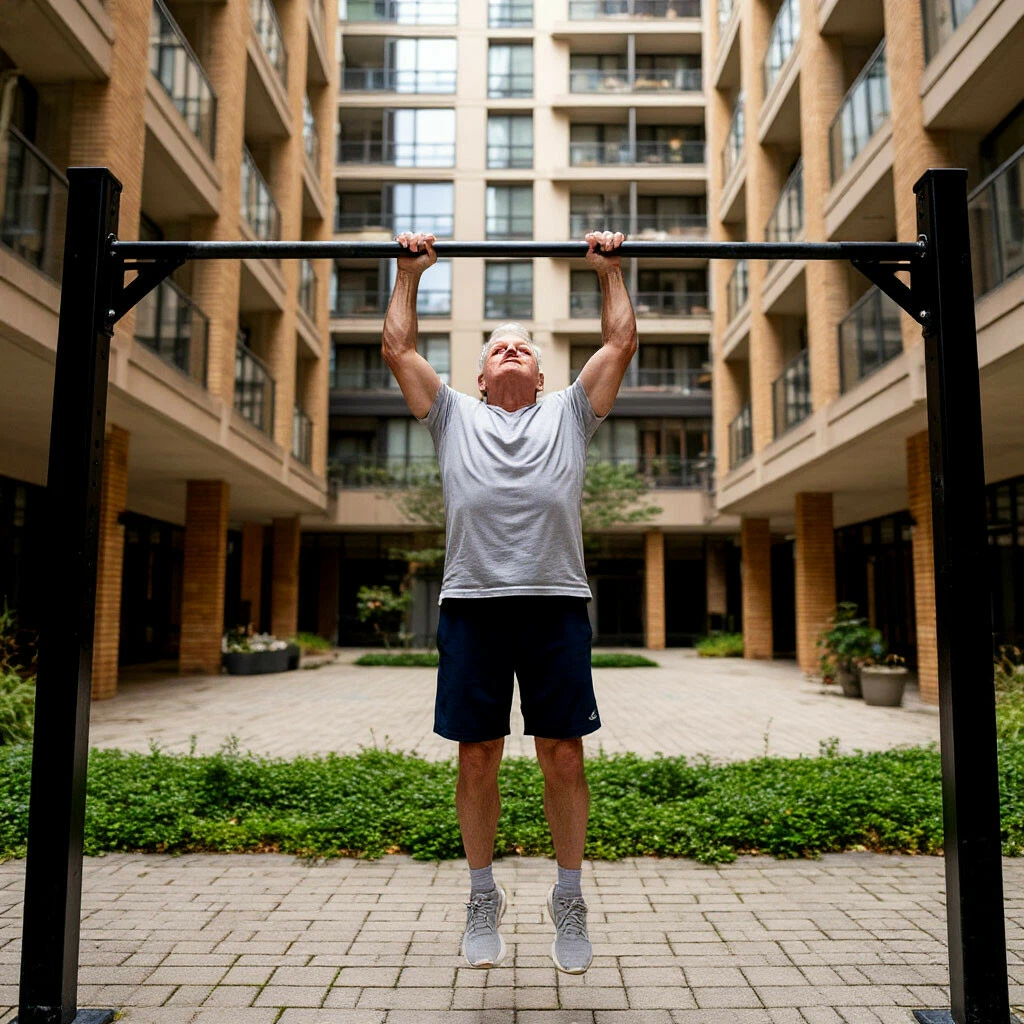 Даже во дворе многоэтажки можно найти возможность подтянуться на перекладине. 