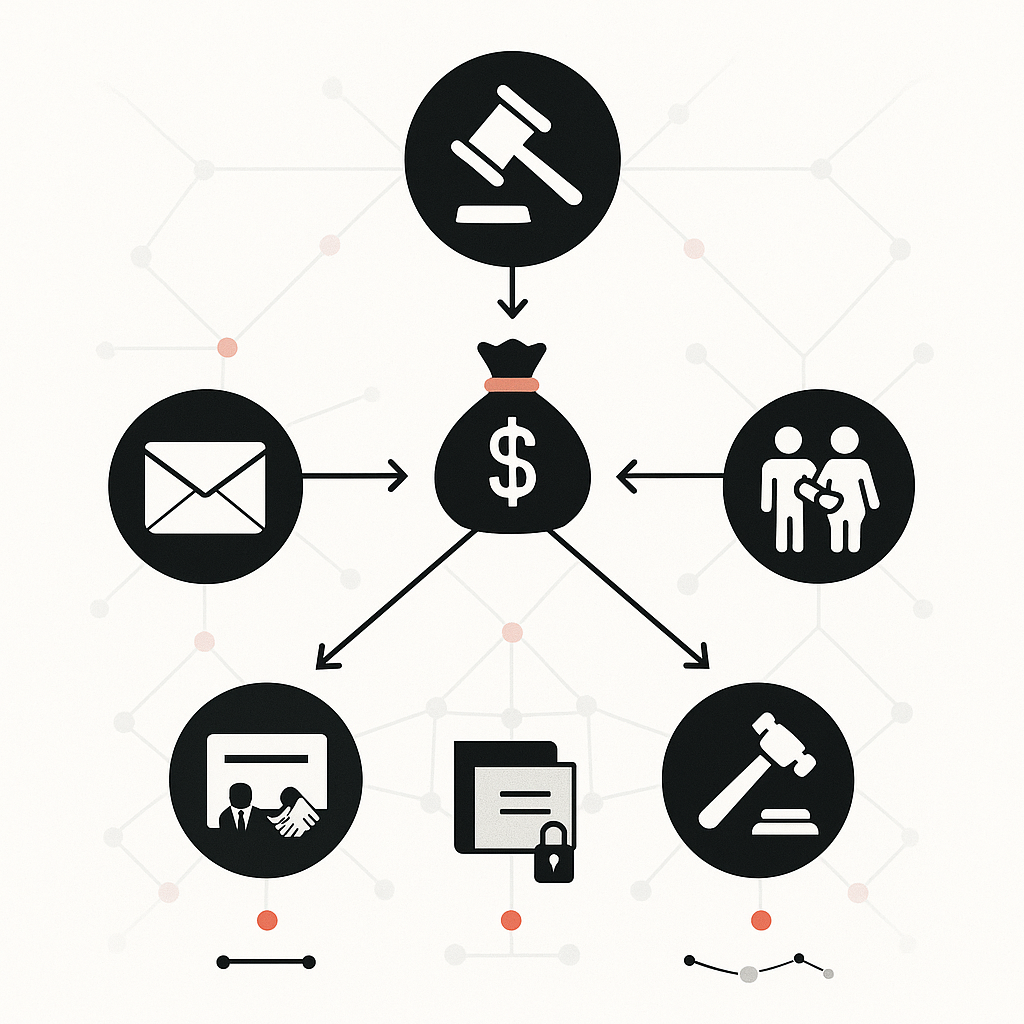 центральный узел «личная выгода» (мешок), сверху — «полномочия» (молоток), от него ветви к пиктограммам: конверт (взятки), рукопожатие/портреты (кумовство), папка с замком (сокрытие информации), молоток/штамп (давление регулятора), карточка тендера (фиктивные торги). 