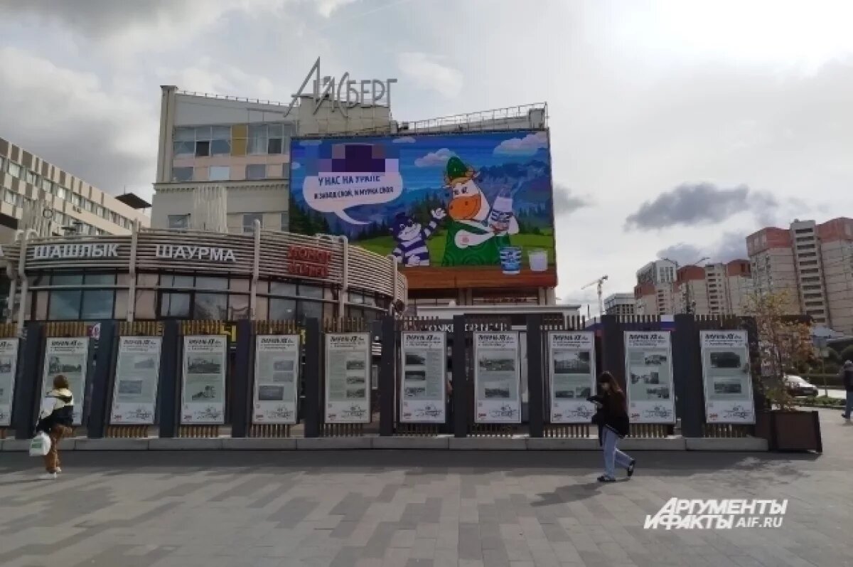    Стенды с бетонным основанием поставили плотной стеной перед ТЦ и киоском