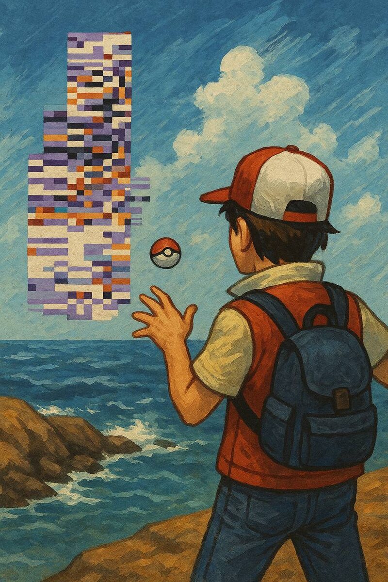 Тренер Pokémon пытается поймать легендарный баг Missingno на берегу моря — один из самых известных глюков в истории игр