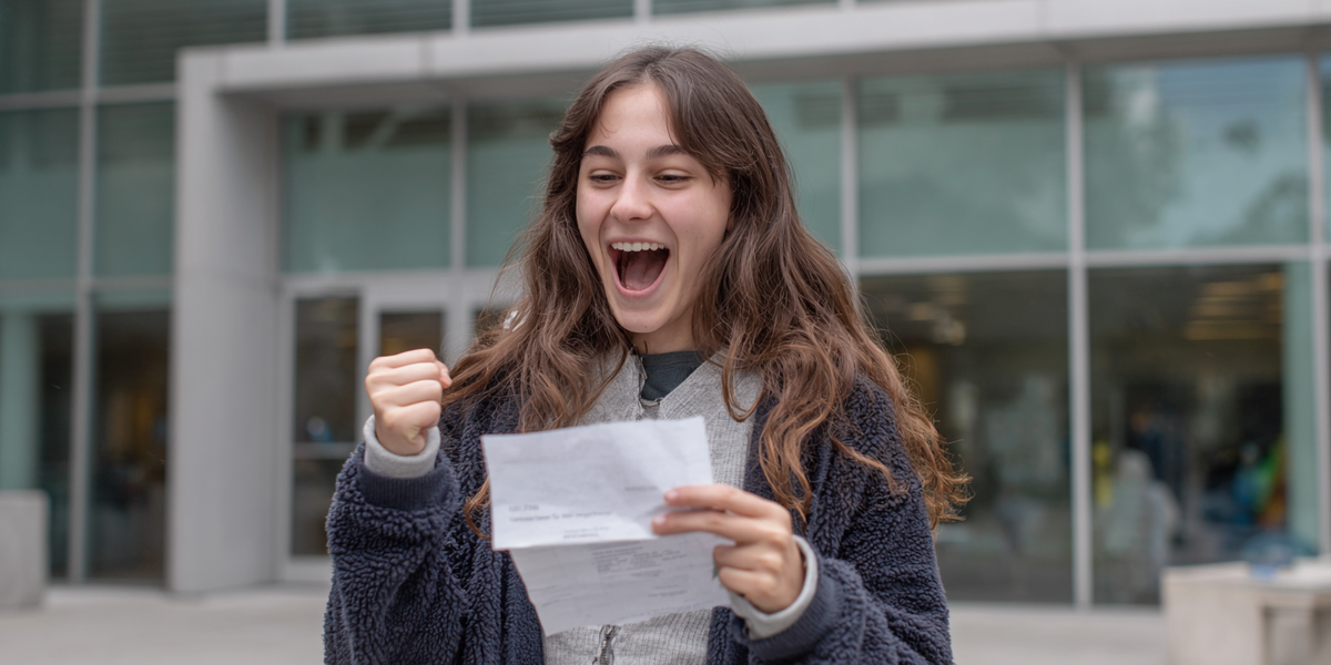 «Студентка радуется успешной сдаче экзамена HSK, держит результаты в руках и улыбается. Подготовка к HSK принесла долгожданный результат».