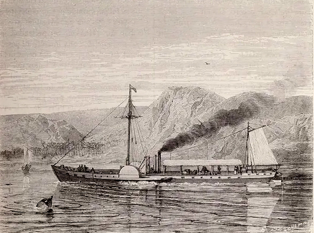 «Клермон» Роберта Фултона, поднимающегося по реке Гудзон, гравюра на дереве в книге Луи Фигье «Чудеса науки»