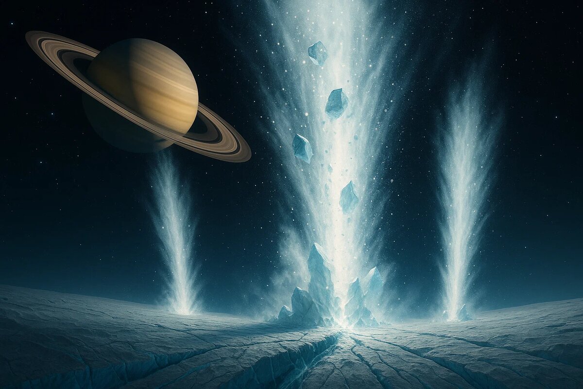 Гигантские ледяные гейзеры Энцелада яростно бьют в космическую пустоту, поднимаясь на сотни километров над испещрённой трещинами ледяной поверхностью. На фоне величественного Сатурна это зрелище передаёт невероятную мощь и динамику скрытых сил маленького спутника.