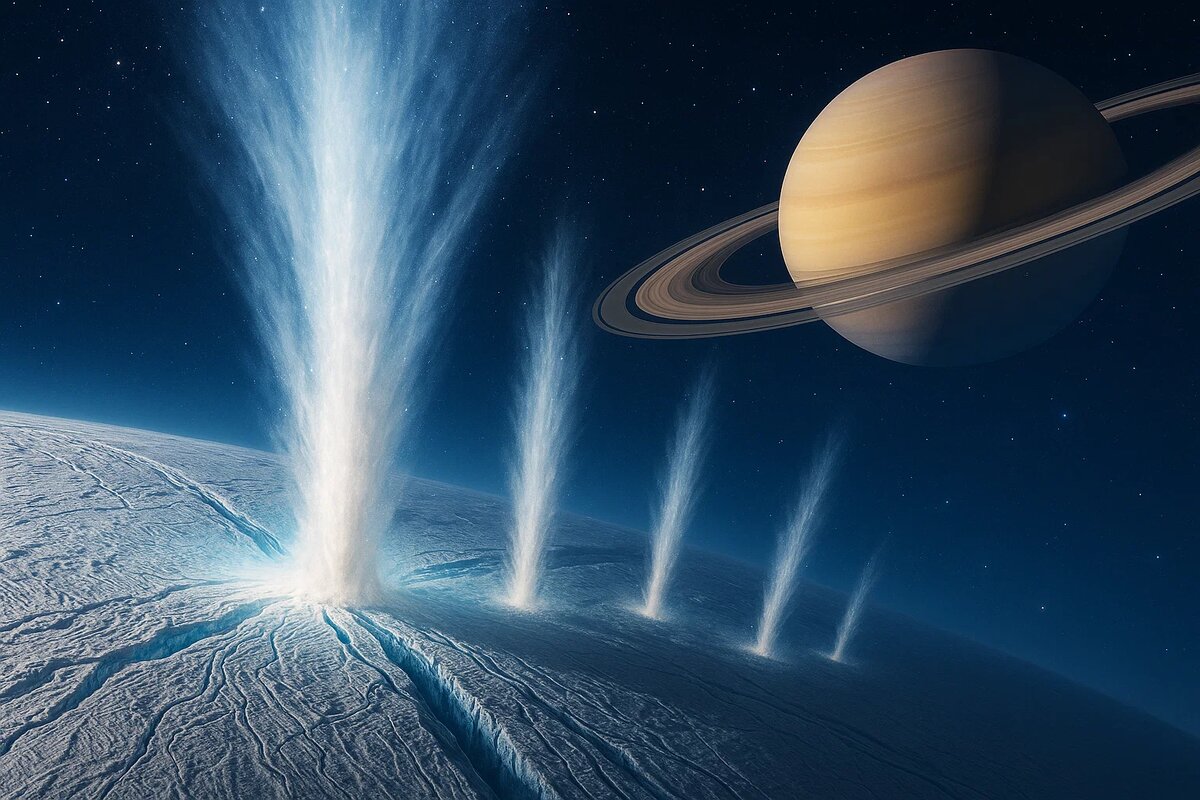 Южный полюс Энцелада, иссечённый сетью гигантских трещин — «тигровых полос». Из этих глубоких ран ледяной коры в вакуум вырываются многочисленные струи ледяных кристаллов, выносящих тайны подлёдного океана прямо в космос.