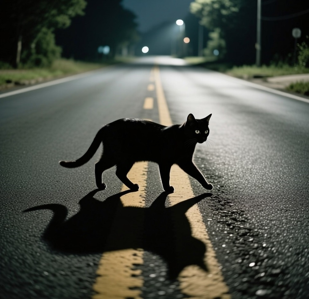Тень кошки пересекает дорогу, мягко, без жути