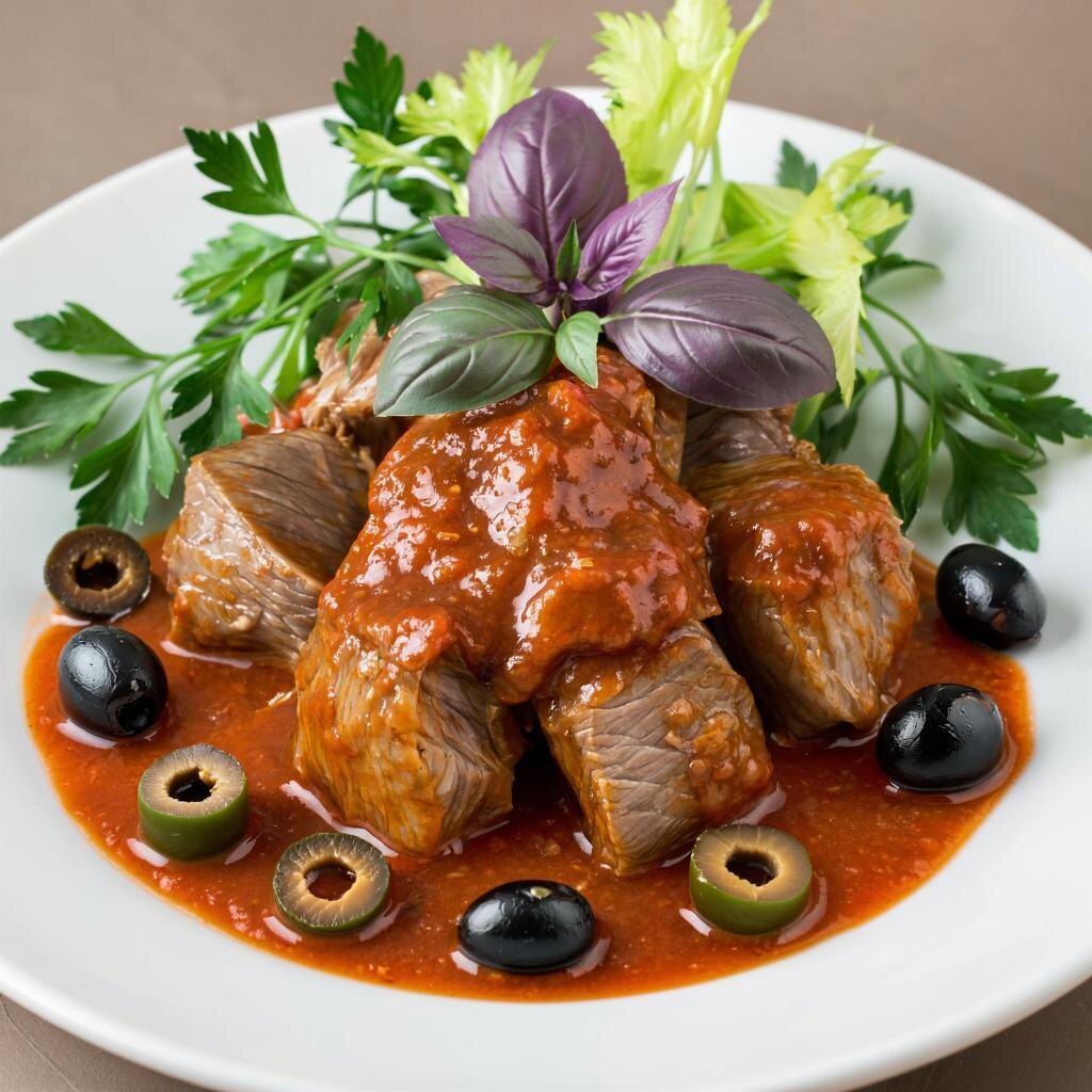 На тарелке кусочки обжаренной говядины в густом красном томатном соусе, украшенные половинками оливок и свежей зеленью петрушки, сельдерея и базилика.