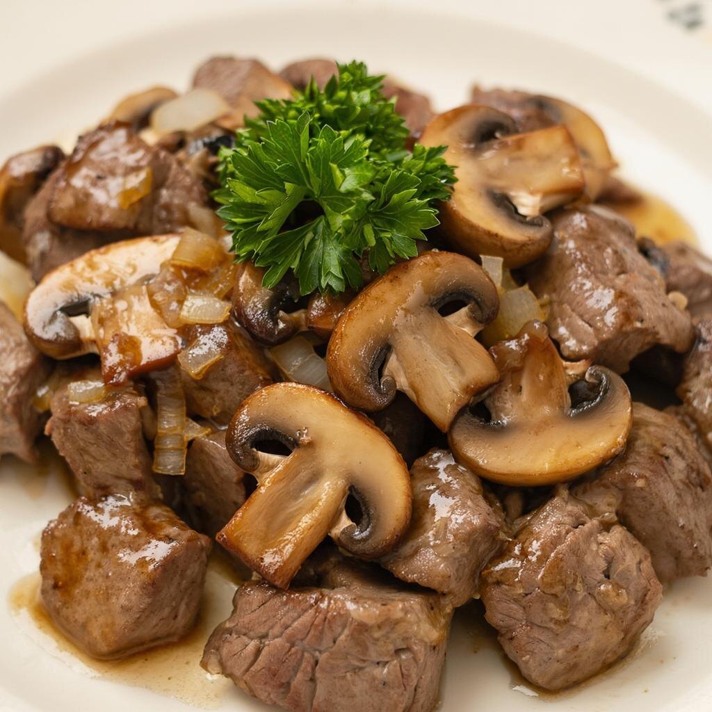 На тарелке кусочки обжаренной говядины с нарезанными шампиньонами в прозрачном соусе, присыпанные свежей зеленью петрушки.
