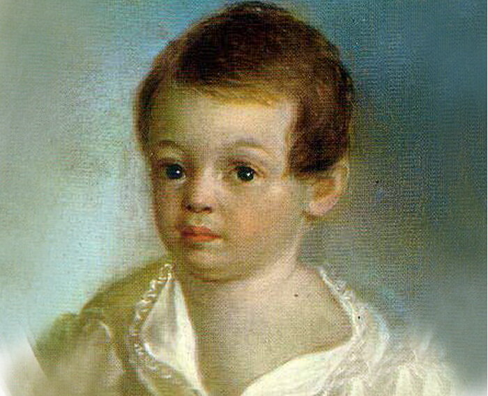 Миниатюра французского мастера Франсуа Ксавье де Местра, написанная маслом на металлической пластине. Вокруг этого портрета идут неутихающие споры о том, Пушкин это или нет. Мне так же этот портрет представляется сомнительным. Но другого у нас нет. Сомнения у меня прежде всего в том, что в этой семье вообще заказывали какие-то портреты своих детей. Ведь нет детских портретов больше никого - ни Ольги, ни Льва, ни умершего в 6 лет Николая! Думаю, что родители-Пушкины не тратились на такие "причуды"...