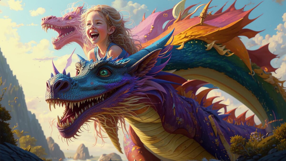 я не знаю, откуда взялась вторая голова, или второй дракон, но те, что на первом плане, дракон и девочка, выглядят такими счастливым, что я простила ИИ все его недостатки