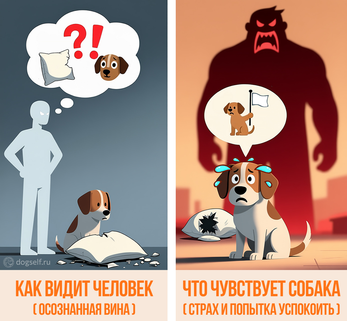 Игра в «испорченный телефон». Как наши эмоции искажают восприятие собаки, и почему это так опасно | Инфографика: владелец видит «вину», а собака чувствует «страх» | Изображение: DogSelf