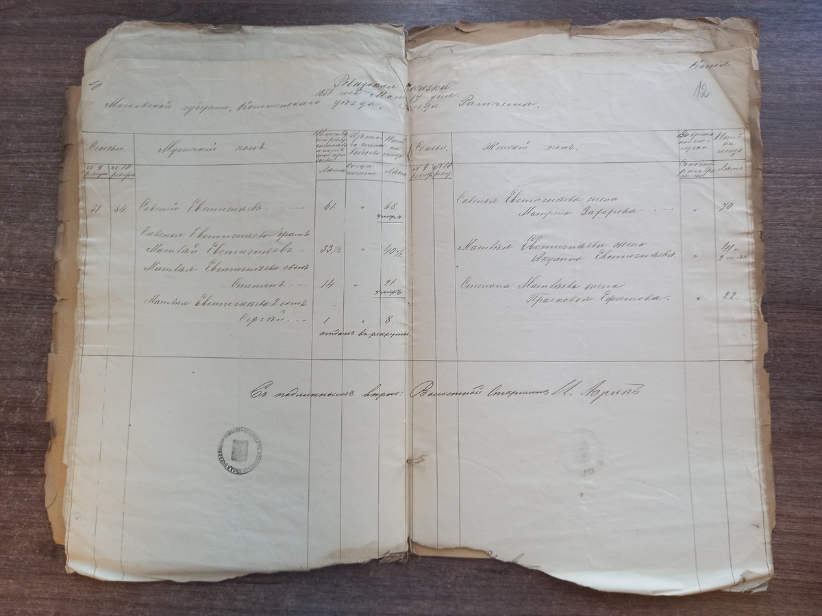 Копия ревизской сказки 1858 года семьи Евстигнеевых