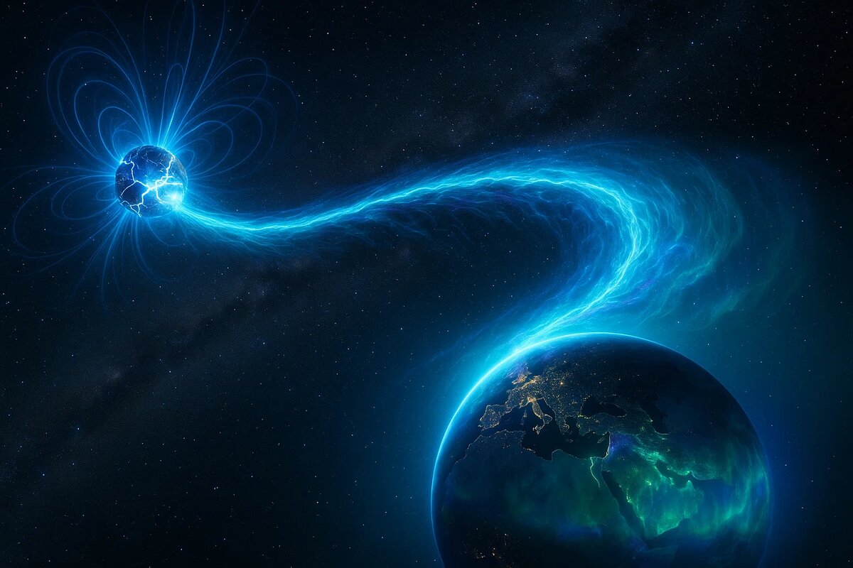 В сердце сверхплотной нейтронной звезды происходит катастрофа — кора не выдерживает чудовищного напряжения и трескается. Гигантские «тектонические» плиты ядерной материи сминаются, высвобождая сконцентрированный удар гамма-излучения, который унесётся в пространство, чтобы через 50 000 лет достичь Земли.