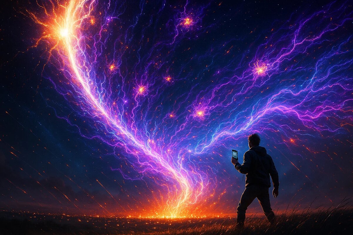 Ослепительная дуга энергии, рождённая в результате звездотрясения на магнетаре, пронзает космическую бездну. На ночной стороне Земли в это мгновение загорается неестественно яркое, всеохватывающее полярное сияние. Это визуализация того самого «звёздного рёва», долетевшего до нас из глубины Галактики.