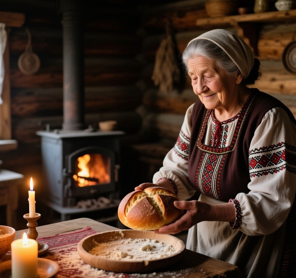 В печи потрескивают дрова, пахнет свежим хлебом. 