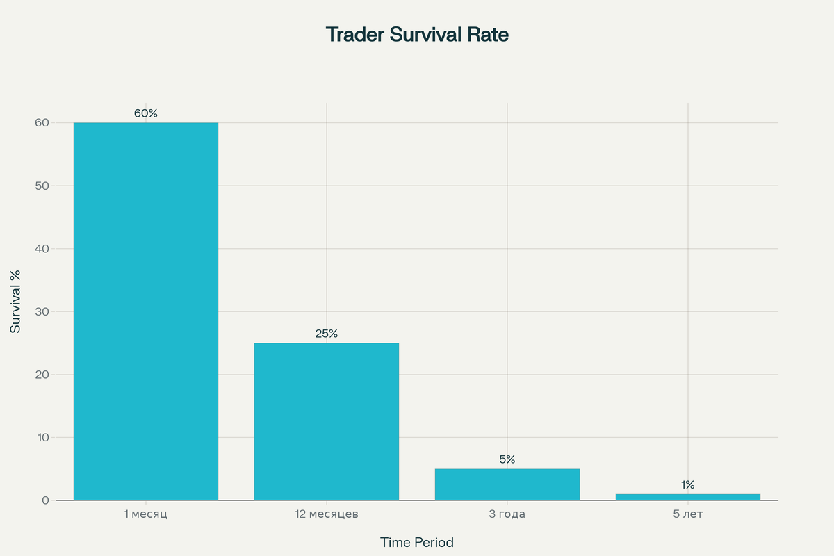 Статистика выживаемости трейдеров: процент успешных трейдеров по временным периодам