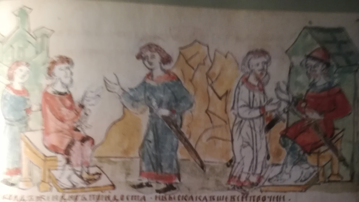 Княжение Аскольда и Дира в Киеве (?). Миниатюра из Радзивиловской летописи.