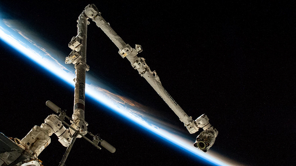 Станционный манипулятор SSRMS на фоне земного восхода. Фото: nasa.blog.com