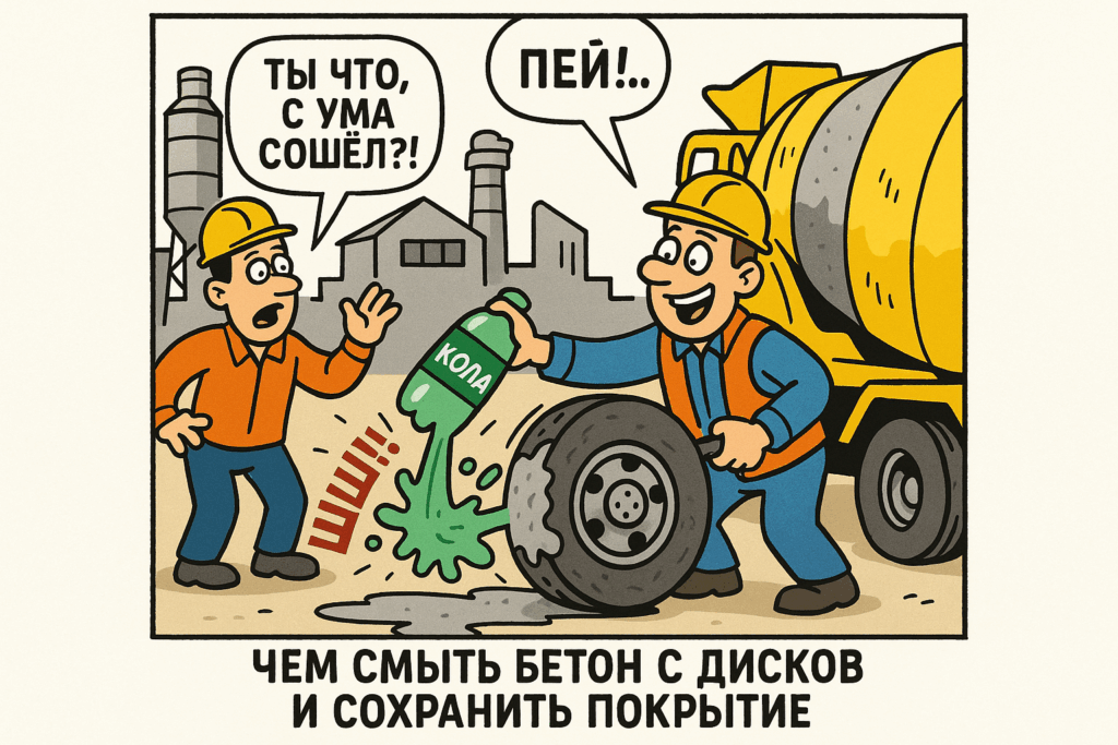    На фото показан процесс очистки бетонных дисков: средство эффективно удаляет цементные остатки, не повреждая покрытие.