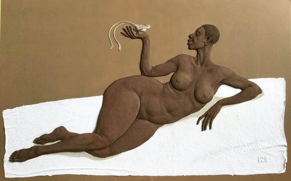 © Латиф Казбеков. Ataro (Загадка) и райская птичка. Рельеф, бумага ручного литья, авторская техника. 86 х 135см. 2020.