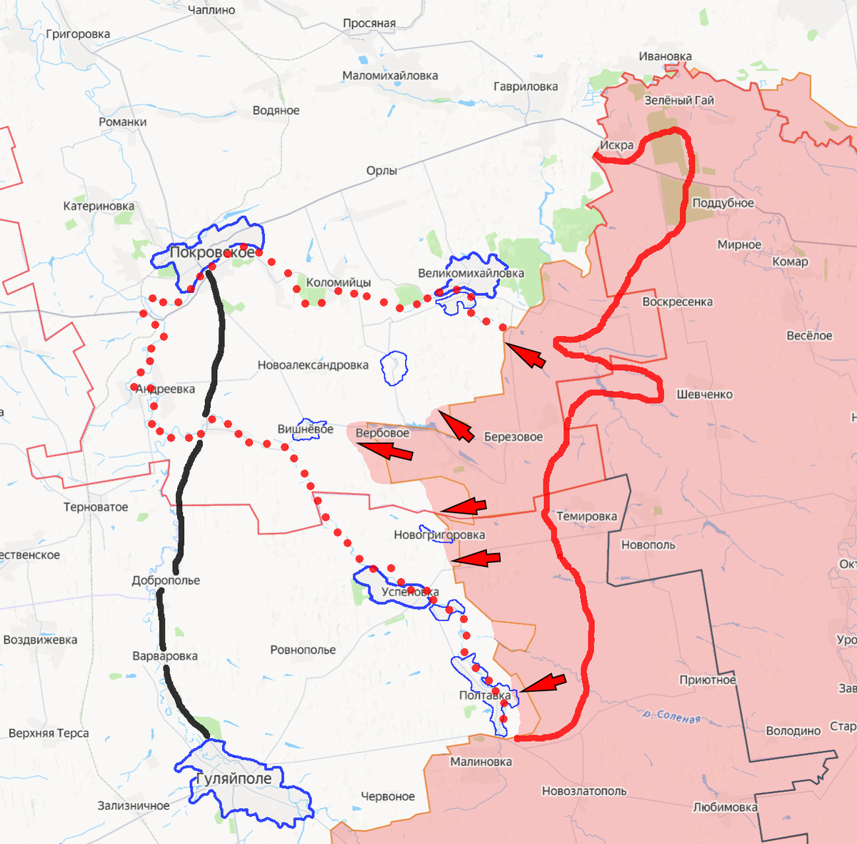 Красной линией - примерная линия боевого соприкосновения, какой она была 1 сентября. Красной пунктирной линией огорожено междуречье Волчьей, Гайчура и Янчура, где "Восток" сейчас развивает своё наступление. Красными стрелками - направления текущих атак ВС РФ. Синим контуром без подписей, сверху вниз, сёла: Орестополь, Алексеевка, Новониколаевка и Нововасилевское (сливаются границами). Чёрной линией - рокадная дорога Покровское - Гуляйполе, по которой происходит снабжение последнего.