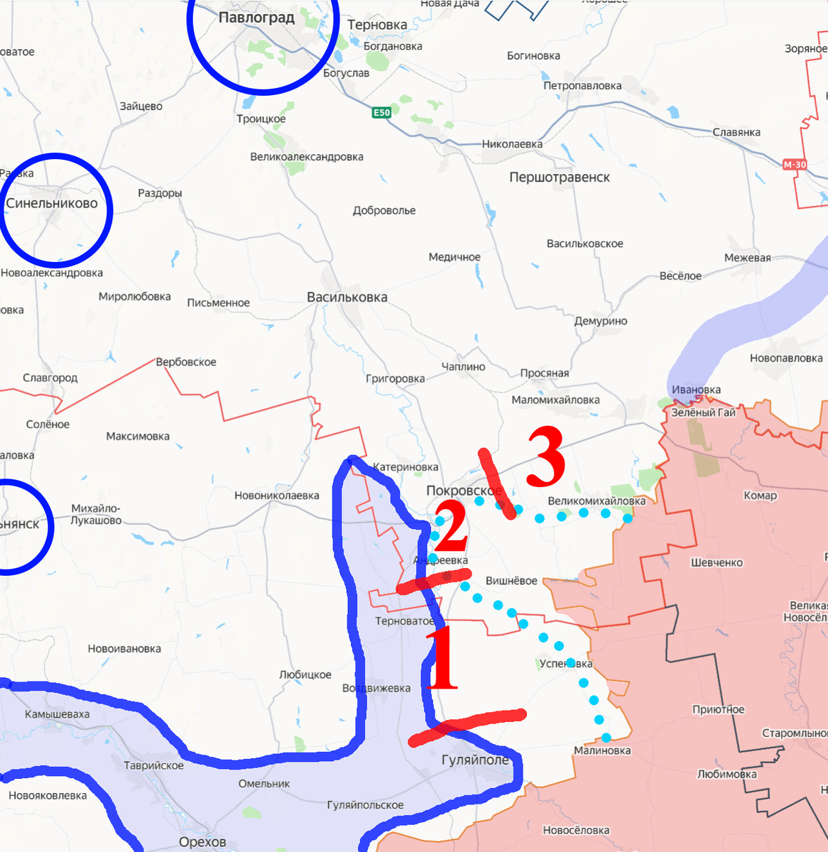 Оказывается, во мне погибает новый Пикассо. Сиреневое пятно, ограниченное синей линией - Запорожская укреплённая линия противника. Сиреневая линия - оконечность недавно сооружённой "Линии Сырского". Синими кругами - оборонительные районы у Вольнянска, Синельниково и Павлограда.