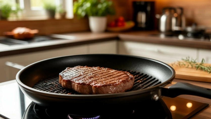 Сквоворода-гриль жарим стейк мяса