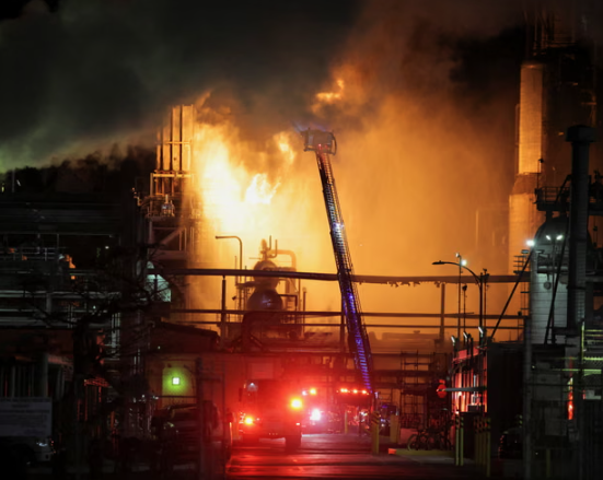 Пожарные пытаются локализовать крупный пожар, вспыхнувший на нефтеперерабатывающем заводе Chevron в Эль-Сегундо, Калифорния.