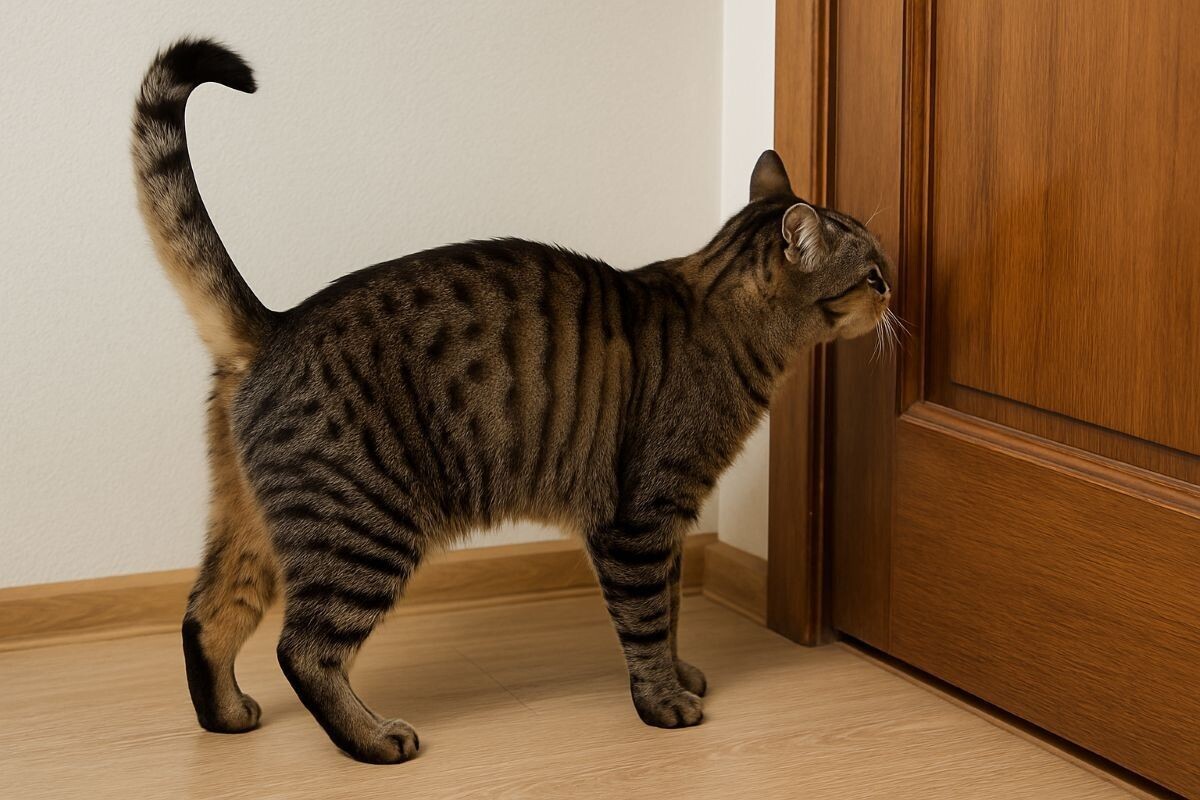 Если застали кота в такой позе возле стены или косяка — значит, он собирается обозначить свою территорию. Источник: нейросеть📷
