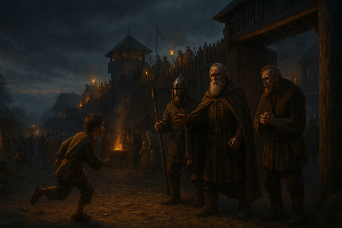Сумерки. Славянский городок IV века на валу, факелы мерцают. На переднем плане мальчишка-пастух, испуганно бежит к воротам. У ворот стоит старейшина Радим, рядом дружинник Пахом с копьём и купец Тимон, у которого дрожат руки.