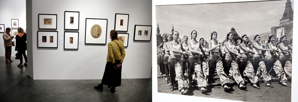 Фото слева. Вид экспозиции. Зрители осматривают фотовыставку.   Фото  справа.  1938 г. Николай Кулешов Цветущая юность. Всесоюзный парад физкультурников на Красной площади, посвящённый 20-летию ВЛКСМ. Желатиносеребряный отпечаток 
