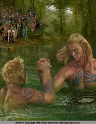 Поединок КуХулина с Фроехом по версии художника-иллюстратора Говарда Джонсона.  Художник просто не знал материальную часть и так увидел - лето вместо зимы, армрестлинг вместо борьбы воротник-локоть. Ещё одна иллюстрация того, что в нашем мире всё на всё похоже, но не одно и то же.