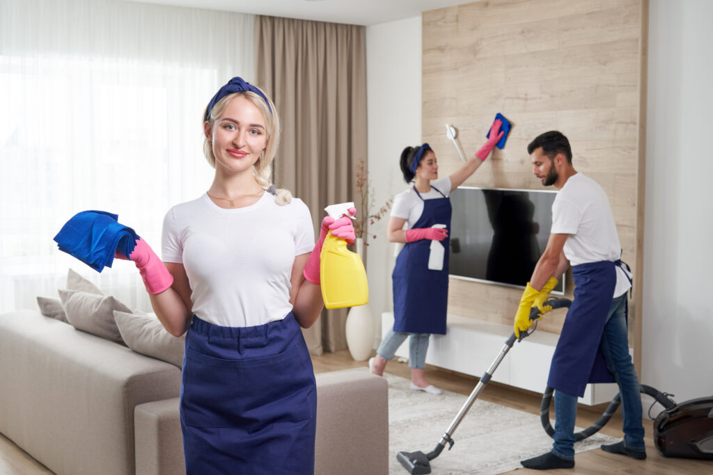    Professional cleaning service team clean living room in modern apartment admin
