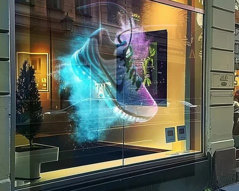 Витрина обувного магазина с анимацией на прозрачном экране