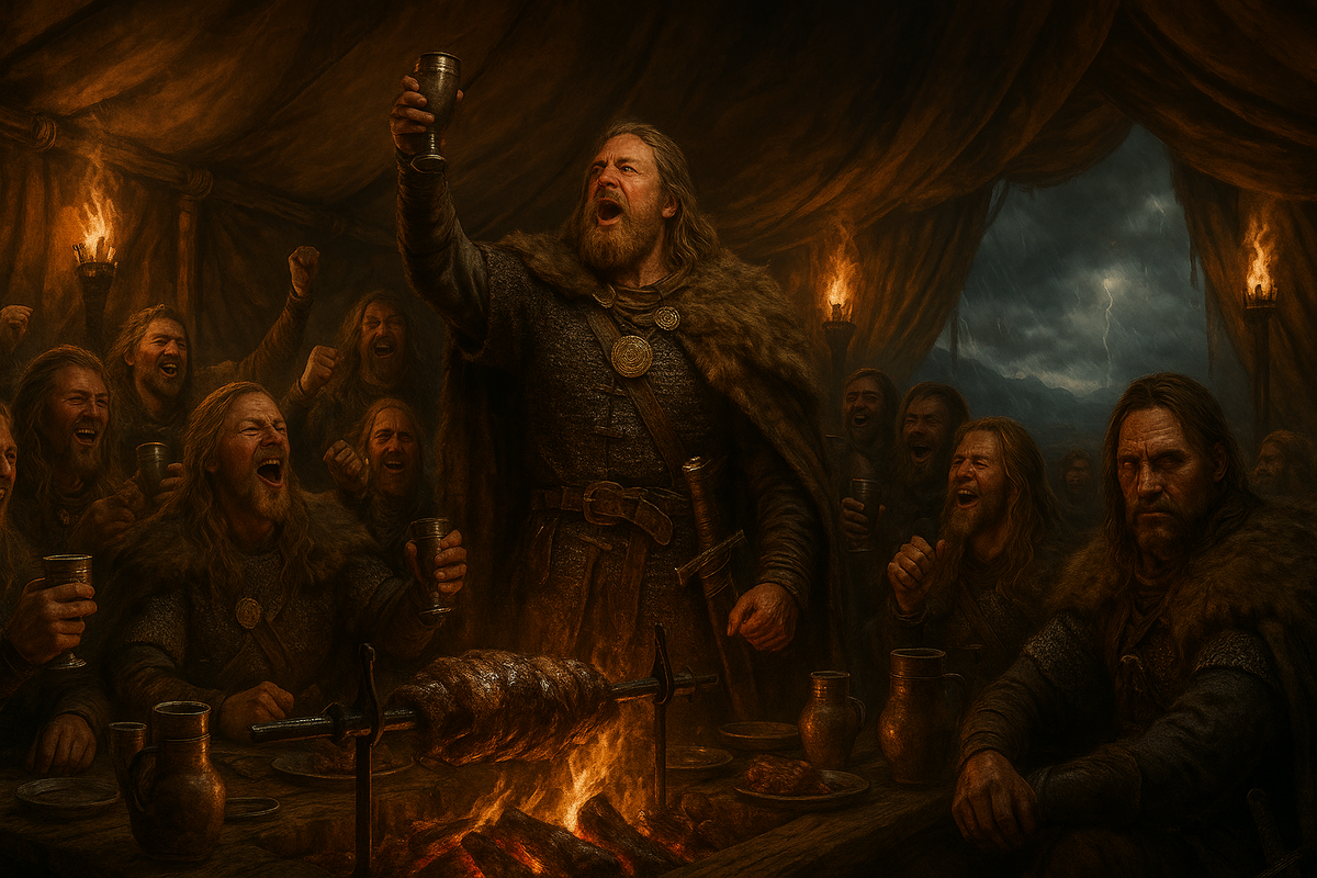 Внутри большого готского шатра на берегу Днестра идёт пир. Огромный шатёр, факелы, жаркое мясо на вертелах, кубки с вином, пышные меха и броня на пирующих. Вождь Вульфар поднимает кубок, вокруг готы с длинными волосами, в кольчугах, с ожерельями и мечами, они кричат и смеются.