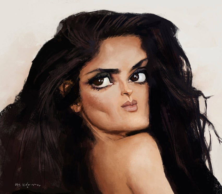 ШАРЖ ОТ ХУДОЖНИКА-КАРИКАТУРИСТА ОЛЛЕ МАГНУССОНА / Olle Magnusson // САЛЬМА ХАЙЕК / урождённая Сальма Вальгарма Хайек Хименес /  мексиканская и американская актриса кино